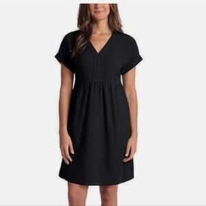 Briggs Black V Neck Linen Rayon Casual Dress Boho Short Sleeve Pockets Sz M EUC
